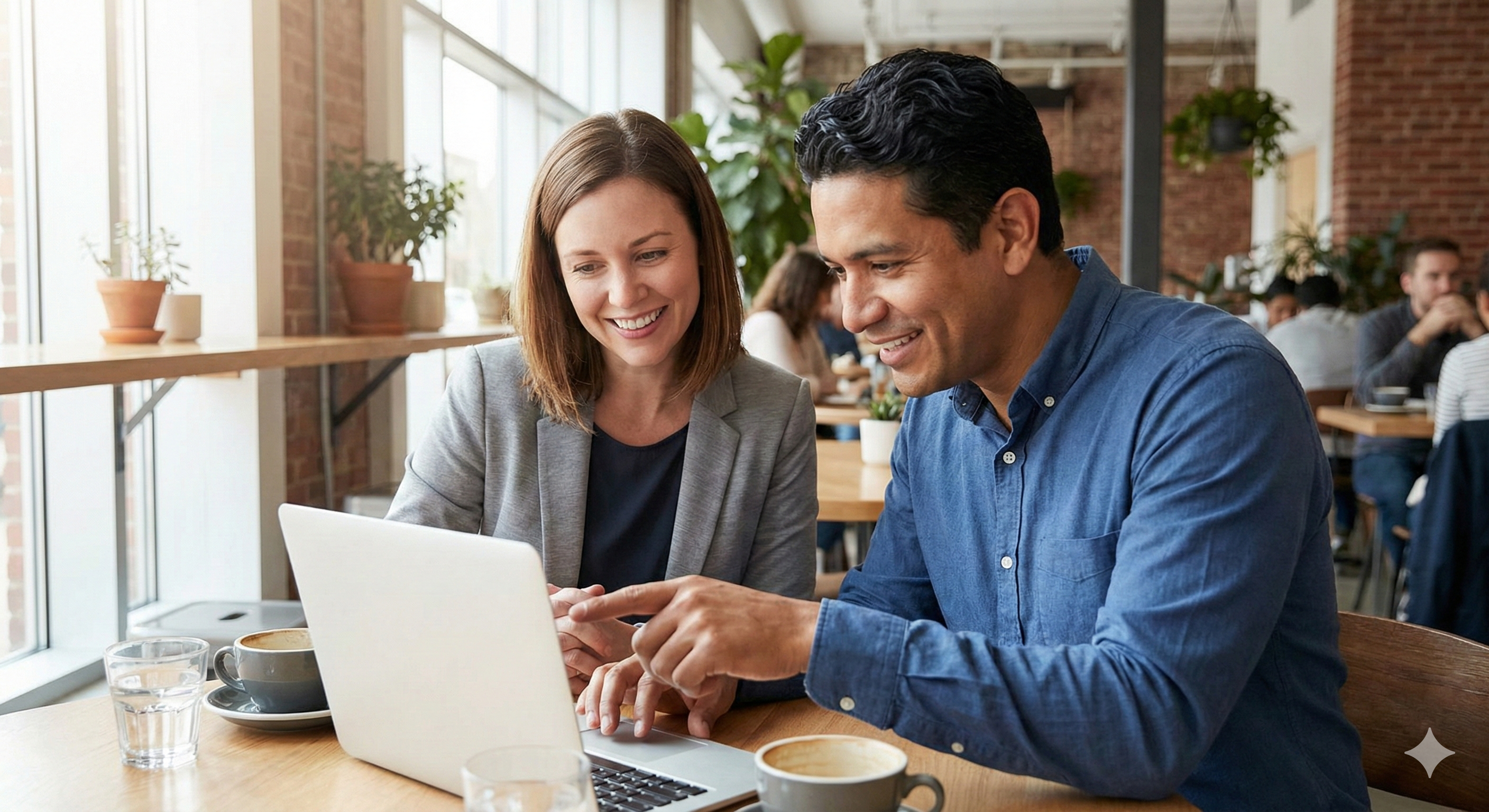 María and Carlos meeting over coffee